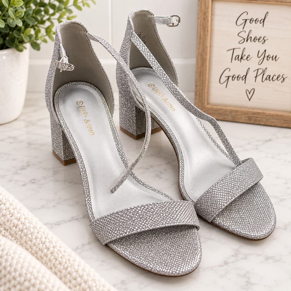 Silver Glitter Ankle Strap Block Heel Sandals – Women’s Size 8